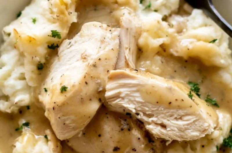 Delicious Instant Pot chicken and gravy served in a bowl with rice