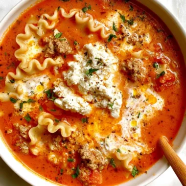 A warm bowl of Lasagna Soup, featuring noodles, marinara, and melted cheese.
