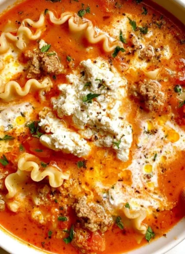 A warm bowl of Lasagna Soup, featuring noodles, marinara, and melted cheese.