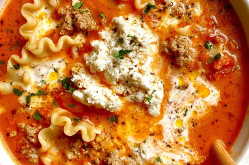 A warm bowl of Lasagna Soup, featuring noodles, marinara, and melted cheese.