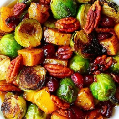 Roasted butternut squash with Brussels sprouts, pecans, and cranberries for Thanksgiving